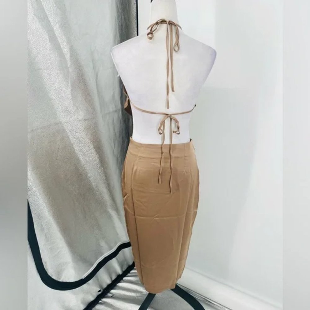 Nude Satin Halter Neck Backless Handkerchief Top and Front Silt Midi Skirt Set - Picture 14 of 17
